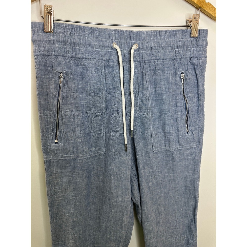 Athleta Cabo 100% Linen Jogger Pants Chambray Blue Resort Beach Zip Pockets 6 - Picture 4 of 16